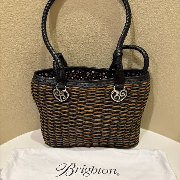 👜Brighton Woven Shoulder Bag Braided Leather Handles Black Tan Bucket - Picture 3 of 10